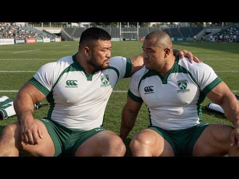 Rugby players sitting and resting on the field