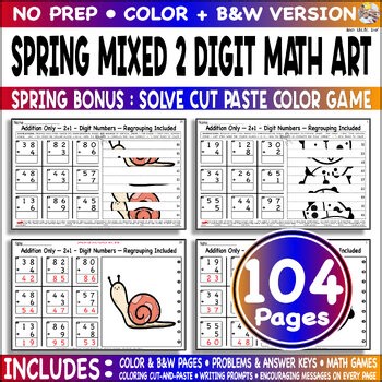 Spring Mixed Add Sub 2 Digit by 1 Digit Math Logic Picture Color Code Cut Paste
