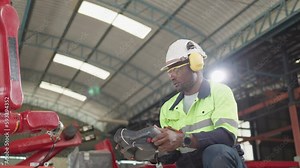 African American factory worker working with adept robotic arm in a workshop . Industry robot programming software for automated manufacturing technology . ..
