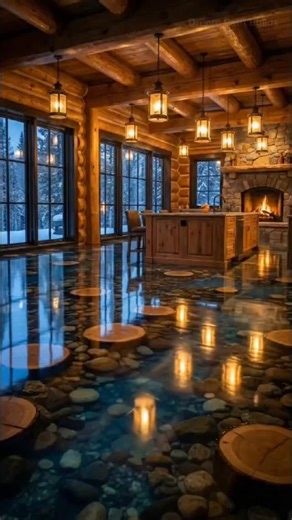 Nonkuing | This log cabin kitchen doesn’t just have a floor—it has a real creek under glass. Crystal-clear epoxy resin, layered river stones, and... | Instagram