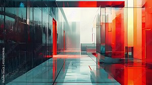 Abstract Geometric Architecture with Transparent Glass Structures, Red and Blue Reflections, and Futuristic Urban Design