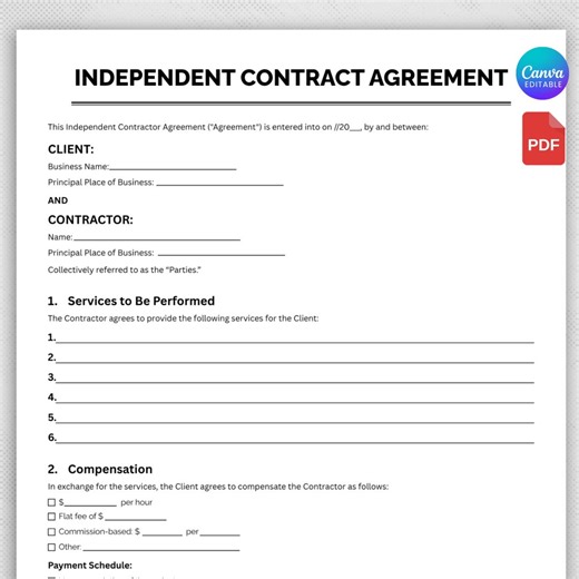 Independent Contractor Agreement Template, US Letter & A4, Service Agreement, Small Business Contract, Editable Contract Canva Template - Etsy