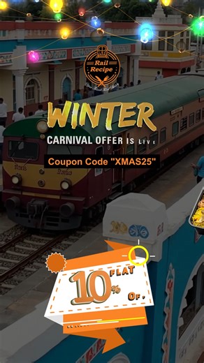 RailRecipe on Instagram: "WINTER CARNIVAL OFFER IS LIVE! Make your train journey delicious with RailRecipe! Get FLAT 10% OFF on all orders above ₹249. Use Coupon Code: XMAS25 Order now and enjoy hot Biryani, Pizza, Thali and more right at your seat! Download the RailRecipe app now! 👇 ▶️ Android: https://lnkd.in/fEdtpCq 🍎 IOS: https://lnkd.in/dTg2-pS6 👉 Order Now: www.railrecipe.com 📞 Call: 844-844-0386 #WinterWarmth #WarmMealsOnTrain #RailRecipe #WinterCarnival #comfortfoodseason #FoodOnTrai