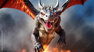 A fierce dragon with fiery wings soaring over a rocky landscape.