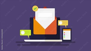 Email marketing concept. Online email message, customer support service with email notification, business communication, internet marketing technology. 2d animation 4k video clip.