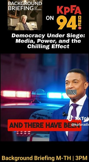 Democracy doesn’t usually collapse in one dramatic moment. It erodes quietly, through intimidation, media capture, and fear. On Background Briefing, Anne Nelson breaks down Project 2025, the arrest of journalists, and why attacks on the press are a deliberate strategy to chill dissent. Listen now at kpfa.org. #KPFA #BackgroundBriefing #PressFreedom #Project2025 #IndependentMedia #ice #trump @donlemon