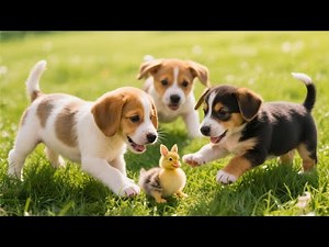 Adorable baby dogs playing with ducks in the grass field - Dog barking - Dog video