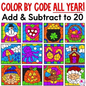 FALL Color by Number Code Add & Subtract to 20 Coloring Pages THANKSGIVING
