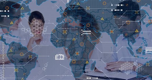 Business team leaning over table reviewing charts while world map HUD appearing, causing noting