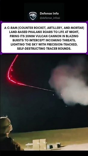 C-RAM in Action at Night | Phalanx 20mm Vulcan Unleashes Rapid-Fire Air Defense