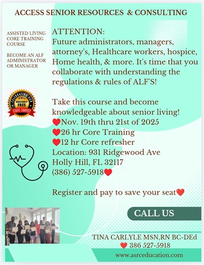 Grab your seat today for our 26 hrs Alf Core training or 12 hrs Alf Core refresher. #fyiシ゚viralシ #alfadministrators #assistedlivingfacility #entrepreneur #assistedliving #CareerGrowth #educationmatters #assistedlivingcommunity # | Access Senior Resources & Consulting LLC