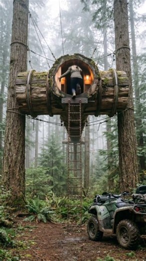 A suspended log treehouse built between two trees, complete with a rope ladder
