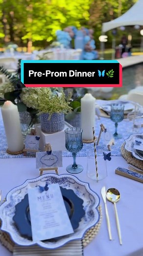 🦋🌿 This elegant pre-prom dinner by @ARWorkshop will give you inspiration for your next event, wedding, or shower. #eventplanner #eventplanning #weddingtiktok #bridalshower #babyshower #dustyblue #mediterranean #partyideas #eventideas