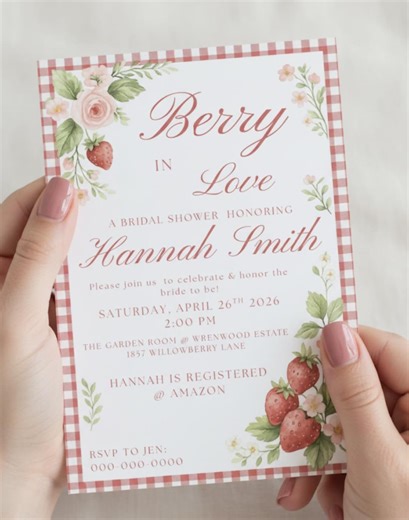 Strawberry Bridal Shower Invitation: Berry in Love Gingham Floral (digital Download) - Etsy