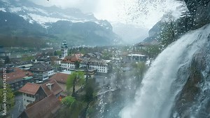 Animation Waterfall Overlooking Village in Alpine Mountains generated with ai