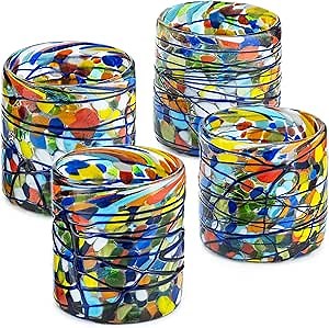 Hand Blown Mexican Drinking Glasses Confetti Festival Colorful Blue Swirl Design First Quality Recycled Glassware Tumblers (ROCA)