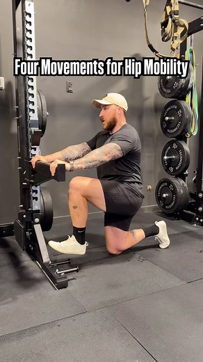 HIP MOBILITY - Four movements I love to program and personally do before a lower body dominant day creating tension and challenging rotation. . First is my Kneeling Hip Wall Rotations is using a wall or vertical item to create tension through the torso to isolate movement in the hips. . Hip Airplanes challenging rotation at the hips moving the pelvis around a fixed femur. . My Figure Four Rotations contouring around the ground as you extend the leg out and hold a slight hip flexion pause at the 