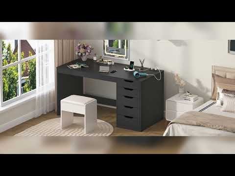 YOMILUVE 47 Inch Computer Desk with 5 Drawers and Power Outlets
