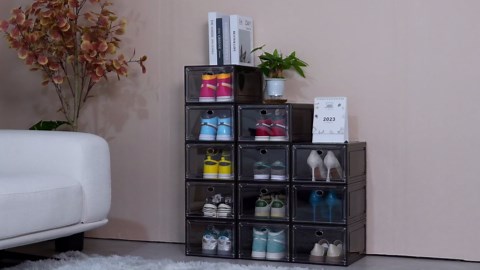 Thickened Clear Shoe Storage Organizer with Magnetic Door, Sturdy Stackable Shoe Boxes for Closet, Collapsible Space-Saving Shoe Rack for Sneakers & Boots, Plastic Shoe Cabinet Box Set, 6 Pack, White