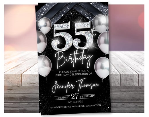 55th Birthday Invitation, Silver Black Digital 55th Invite Editable Template - Diamond - Etsy