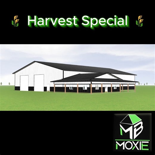 🌾 HARVEST SPECIAL 🌾 This 80’x120’x18’ Post Frame Building is move-in ready for your next business, ag project, or true shouse! Includes a 30’x40’ office/living/meeting, 110’ wraparound porch, 15’x40’ storage loft, and a custom window & door package — all built for lasting performance and style. 🧱 More Details: • Stud-framed office, ceiling prepped for drywall • 110’x10’ wraparound porch with steel ceiling and 2" overhangs • 15’x40’ loft space for storage or workspace • CHI insulated overhead 