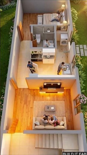 Smart 12x40 narrow house design with a complete 1BHK layout.
