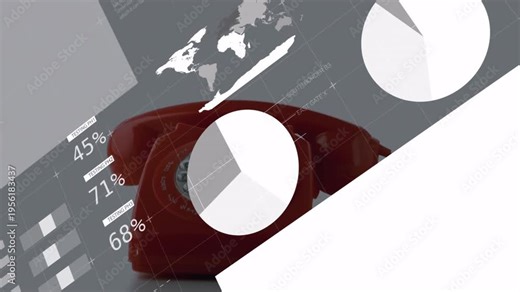 Red rotary phone handset lifting, data charts sliding, masking revealing dial for data demo