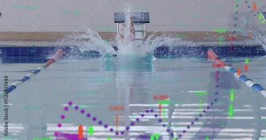 Swimmer pushing off block 8 and diving into pool for competitive start while animated charts rising