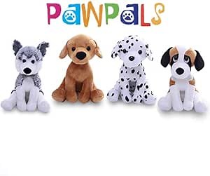 Plushland Stuffed Plush Dog Assortment – Collection of Labrador, Dalmatian, Husky and Beagle - Cute Dog Toys for Kids – 4 Pack – 8 inches.