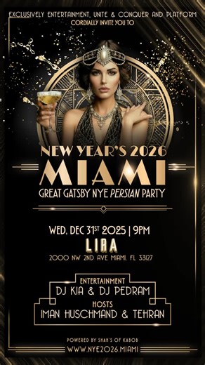 Unite & Conquer on Instagram: "🥂 THE GREAT GATSBY: MIAMI EDITION 🥂 This New Year’s Eve, we are bringing the Roaring 20s to Wynwood with a Persian twist. ✨ If you are looking for the ultimate mix of elegance, energy, and culture, Lira is the destination. 🎧 The Vibe: Music by DJ Kia & DJ Pedram (Persian & International Hits). Hosted by the dynamic duo Iman Huschmand & Tehran. 📍 Where: Lira in Miami (Wynwood) 🗓 When: Wednesday, December 31st | 9 PM - Late 👗 Dress Code: Gatsby Glamour The Why: