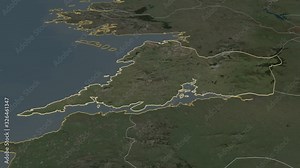 Clare, county with its capital, zoomed and extruded on the satellite map of Ireland in the conformal Stereographic projection. Animation 3D