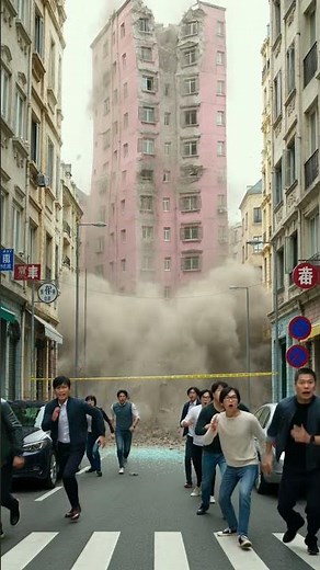 Building collapse creates debris cloud people run.