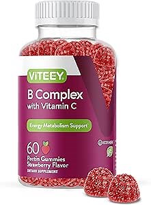 Viteey Vitamin B Complex Gummies with Vitamin C - Energy, Metabolism & Immune Support - B6, B12, Niacin, Folic Acid, Biotin, Calcium - Vegan, Gluten-Free - 60 Count
