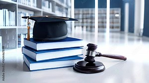 A graduation cap, books, and a gavel on a table in a library.