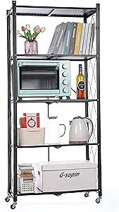Letusto Foldable Collapsible Shelf with Wheels & Breaks - Folding Shelf Heavy Duty Metal Frame Pantry Shelving Unit - Origami Bookcase - No Assembly Bookshelf (Black, 5 Tier)