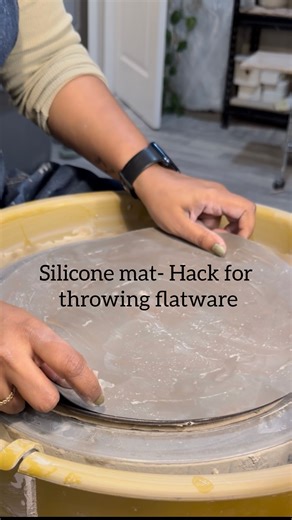 Anjali | ceramic artist on Instagram: "Did you know you could throw on a silicone mat? I usually throw my flatware on my plaster bat . They are great for it. I had my reclaim drying on them so decided to give this mat a fun try and it actually worked. Make sure to stick it well with thick slip and wait until leather hard to take it off! Pros: lightweight , easy to store, no warping Cons: Not as stable as plaster bat, might slid while centering. Comment “Mat” and l’ll send you the link! 🫶🏼 Have