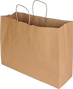 SSWBasics Brown Kraft Paper Grocery Shopping Bag - Large (16”L x 6”D x 12 ½”H) - Case of 100 - Sturdy 80# (120 GSM) Paper Weight - 100% Recyclable Gift Bags