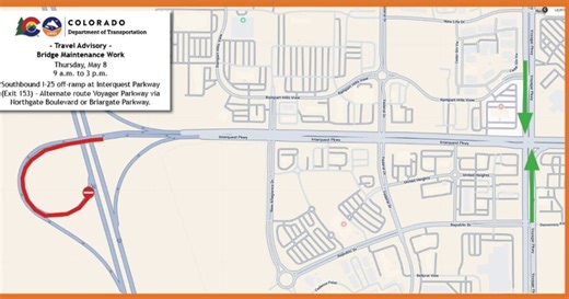 Repairs on southbound I-25 off-ramp at Interquest Parkway happening Thursday