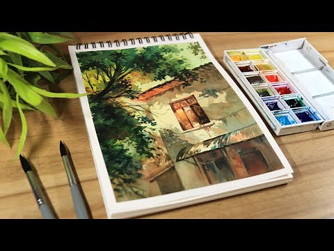 Watercolor painting of beautiful tree and window house step by step