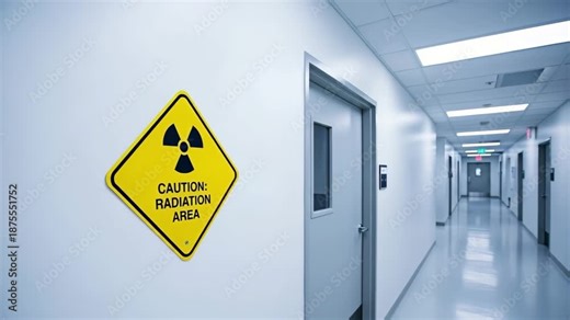 A yellow radiation warning sign, with caution radiation area wording, for the concept of nuclear safety.