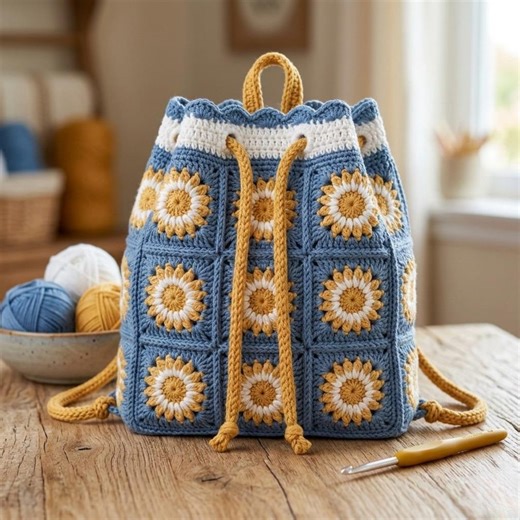 Daisy Granny Square Crochet Backpack Pattern – Drawstring Bag DIY - Etsy