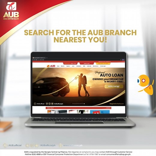 Need to visit an AUB branch? 🏦 You may search for open AUB branches near you and know their status, exact address, and banking hours using our Website Branch Locator: https://www.aub.com.ph/branch Stay safe and continue to fulfill your banking needs online at https://www.aub.com.ph, AUB Preferred Online Banking, AUB Mobile App, and HelloMoney by AUB app which are available 24/7 or you may also use our Automated Teller Machines (ATMs) for cash withdrawals. For inquiries, you may contact our AUB 