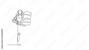 Animated self drawing of continuous line draw young astronaut standing and pointing big clipboard in moon surface. Checklist of spaceman duty. Cosmonaut outer space. Full length single line animation