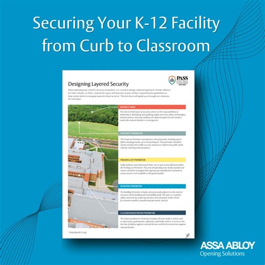 Understand the critical role door openings play in K-12 safety and security. Get our NEW brochure "Securing Your K-12 Facility from Curb to Classroom" - now available for digital download. It's your go-to guide for layered protection featuring ASSA ABLOY's industry-leading solutions. Download here: https://bit.ly/4k2RZrk #SchoolSafety #K12Security #DoorSecurity #ASSAABLOY #Technology #Security | ASSA ABLOY Door Security Solutions