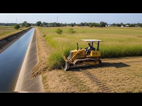 Small Dozer Opening Land Beside Rural Drainage Channel | Bulldozer Clearing Thick Grass Along