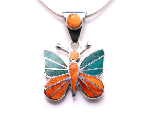 Sterling Silver Butterfly Inlay Pendant With Natural Gemstones - One of a Kind Jewelry - Etsy