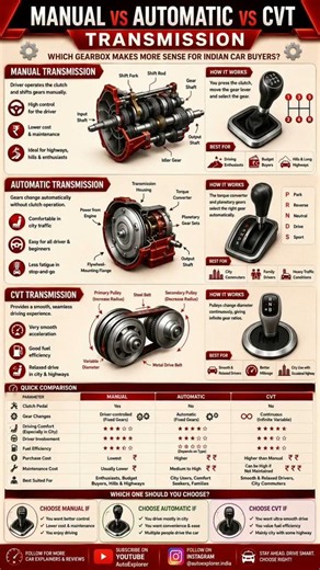 ⚙️ Manual vs Automatic vs CVT Which Transmission is Best for You? 🤔Buying a new car but confused?