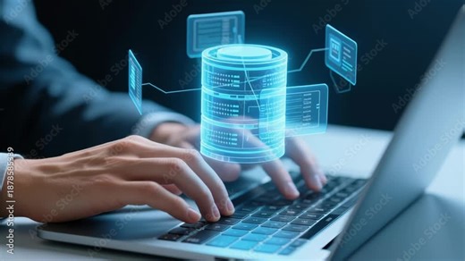 Database and datastore. Data migration and transformation. Engineer holding database icons in data flow diagram.