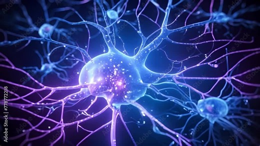 Neurons cells concept. Microscope view of nervous system. Close up of human brain showing neurons firing and neural extensions