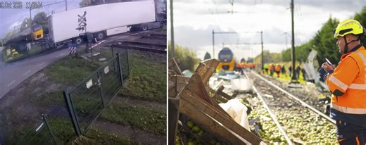 Train crash chaos with pear-loaded lorry